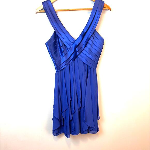 BCBG Maxazria Short Formal Party Dress Size 0 Blue Sapphire Ruffle Chiffon - Picture 2 of 8